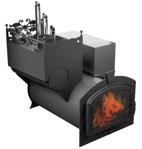 Печь Горыныч 3, каменка закрытая с парогенератором с левой стороны, большая дверь со стеклом фото в Москве