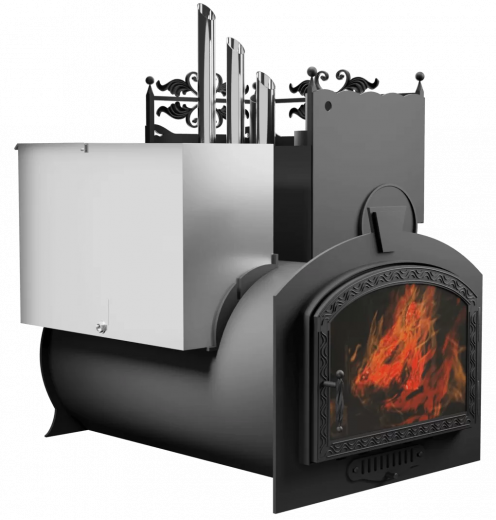 Печь Горыныч 3, каменка закрытая с парогенератором с правой стороны, большая дверь со стеклом фото в Москве
