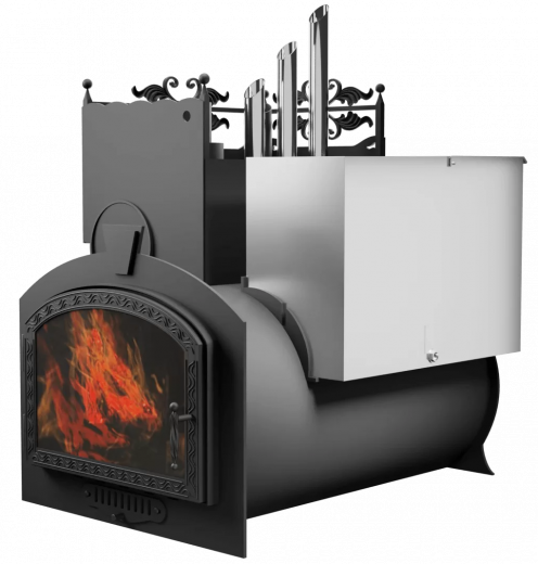 Печь Горыныч 3, каменка закрытая с парогенератором с левой стороны, большая дверь со стеклом фото в Москве