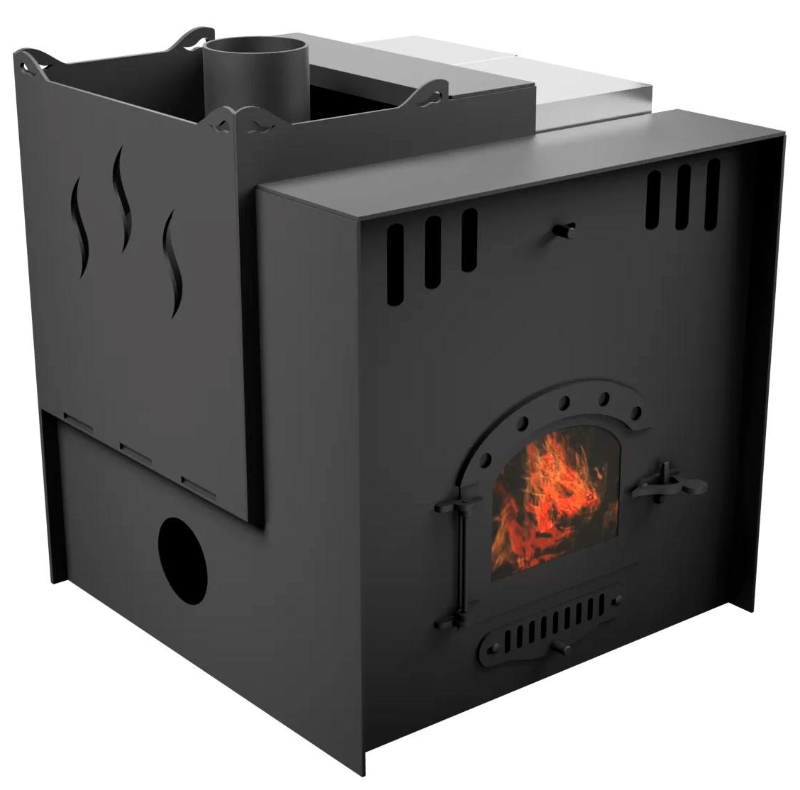 Печь Горыныч Мини, каменка с левой стороны, малое стекло, система воздушного отопления с порталом фото в Москве Печь Горыныч Мини, каменка с левой стороны, малое стекло, система воздушного отопления с порталом фото в Москве