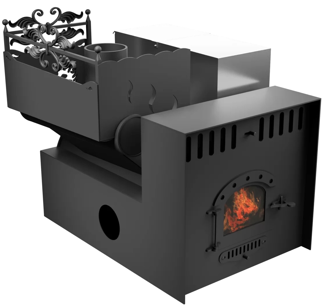 Печь Горыныч 3, каменка с левой стороны, малая дверь со стеклом, система воздушного отопления с порталом фото в Москве Печь Горыныч 3, каменка с левой стороны, малая дверь со стеклом, система воздушного отопления с порталом фото в Москве