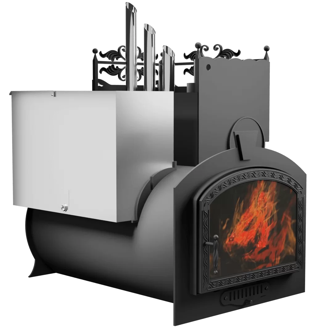 Печь Горыныч 3, каменка закрытая с парогенератором с правой стороны, большая дверь со стеклом фото в Москве Печь Горыныч 3, каменка закрытая с парогенератором с правой стороны, большая дверь со стеклом фото в Москве