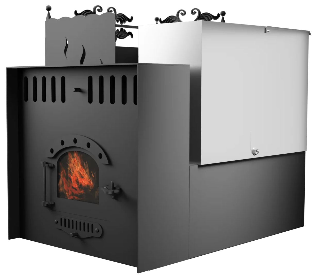 Печь Горыныч 3, каменка с левой стороны, малая дверь со стеклом, система воздушного отопления с порталом фото в Москве Печь Горыныч 3, каменка с левой стороны, малая дверь со стеклом, система воздушного отопления с порталом фото в Москве